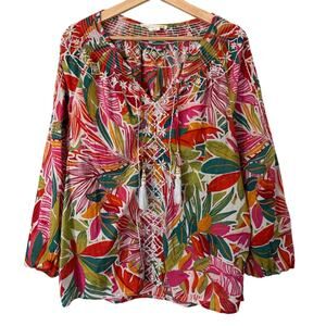 C&C California‎ Tropical Hawaiian Lightweight Embroidered Blouse Size Large